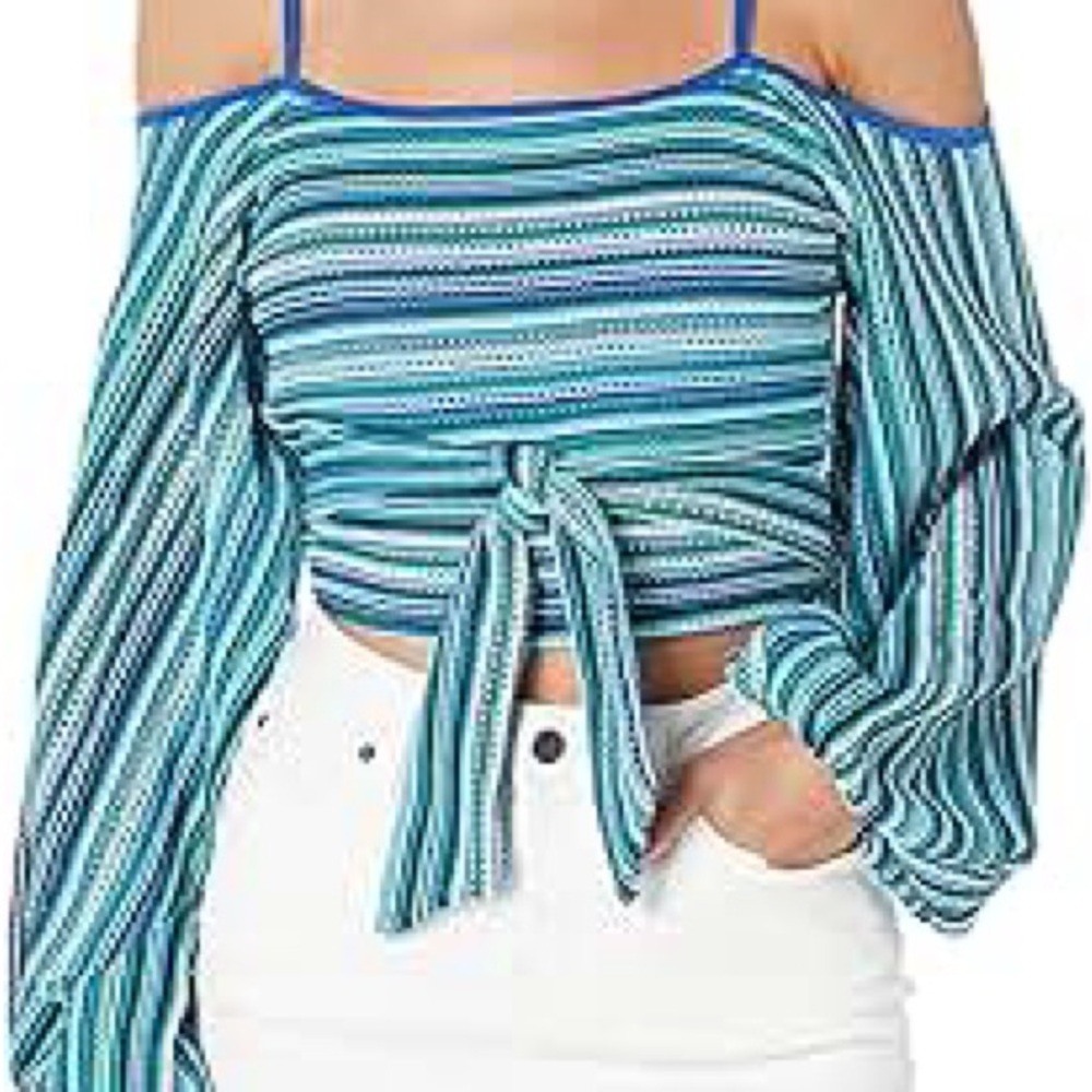 Ramy Brook Blue Striped Off-Shoulder Blouse